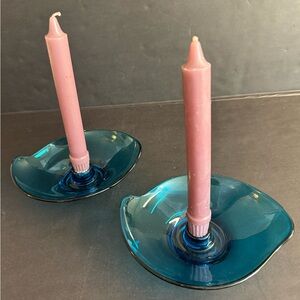 2 60s Vintage Viking Bluenique blue art glass candle holders.No chips or cracks